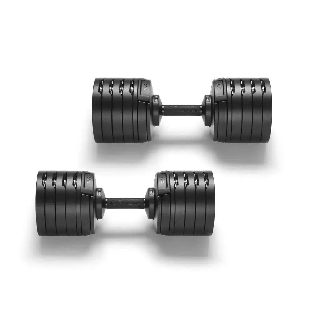 Straight front view of Nuobell 100 lb adjustable dumbbells resting on small cradle stand