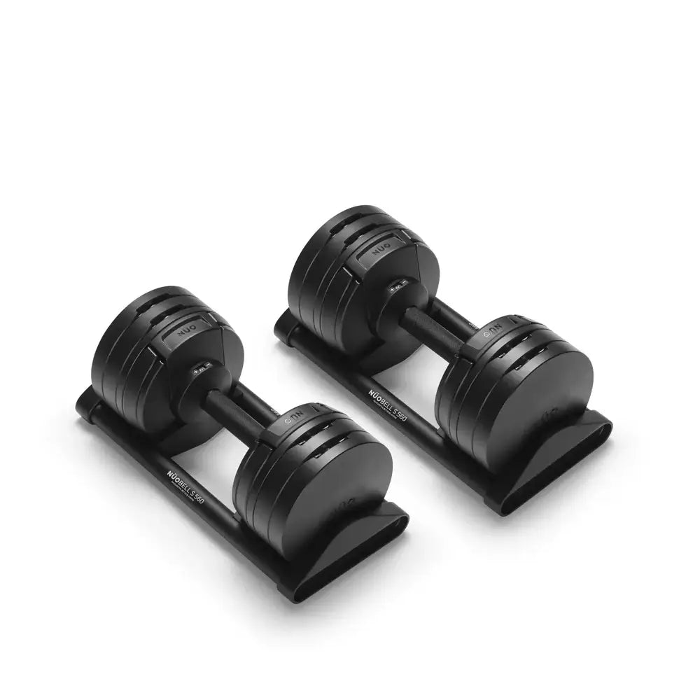 Pair of Nuobells adjustable dumbbells on stand on a white background - Gorila Fitness