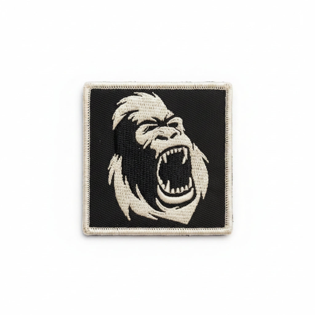 Gorila Velcro® Patches - Gorila Head Logo in White on Black velcro backing patch