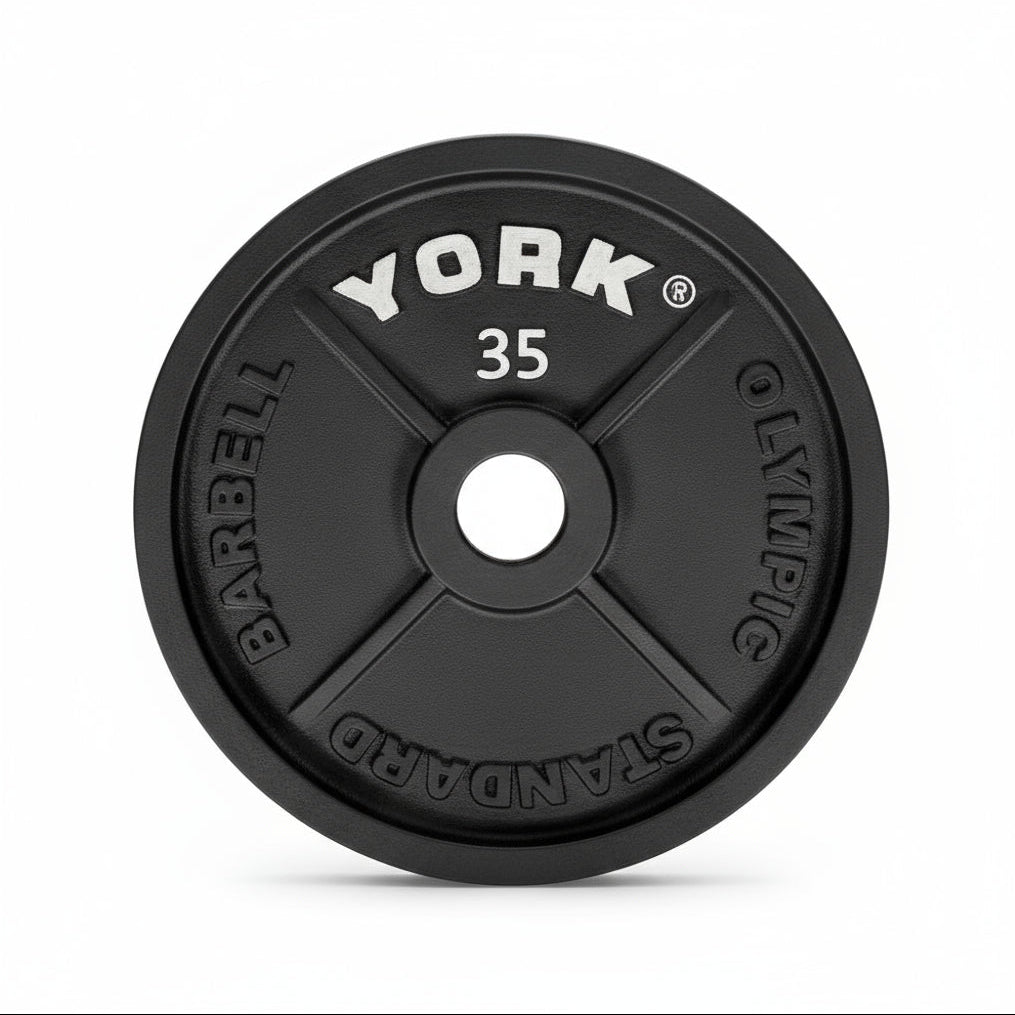 York Olympic Standard 35LB cast iron plate – durable black iron construction, ideal for powerlifting, strength training, and traditional barbell workouts