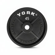 York Olympic Standard 45LB cast iron weight plate – classic black steel plate with raised white lettering, designed for Olympic barbells and heavy lifting sessions