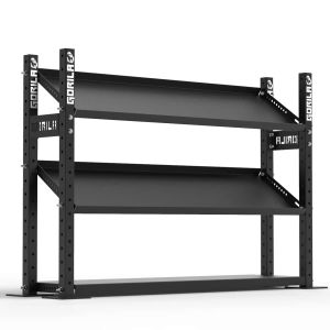 Chameleon 54 gym equipment storage unit with three tiers of shelves and customizable options for organizing gym equipment.