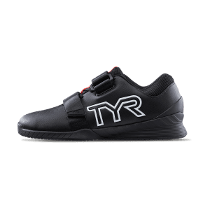 Exterior side view of the TYR L-1 Lifter in Black, illustrating the TYR logo and the sleek design and functional features intended for peak performance in weightlifting and cross-training.