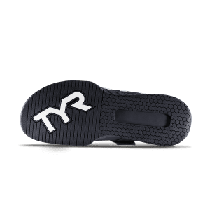 Image of the TYR L-1 Lifter’s flat, wide black sole with white TYR logo, designed to provide maximum stability and ground contact during strength training workouts.