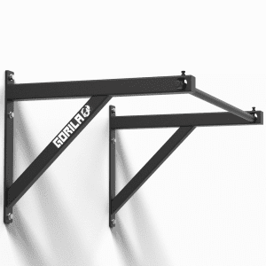 Gorila Fitness Canadian-made Sturdy pull-up bar mounted on a gym wall, featuring the Gorila logo on its diagonal support beam. The equipment's solid construction and sleek black finish are highlighted, indicating its durability and premium design for fitn